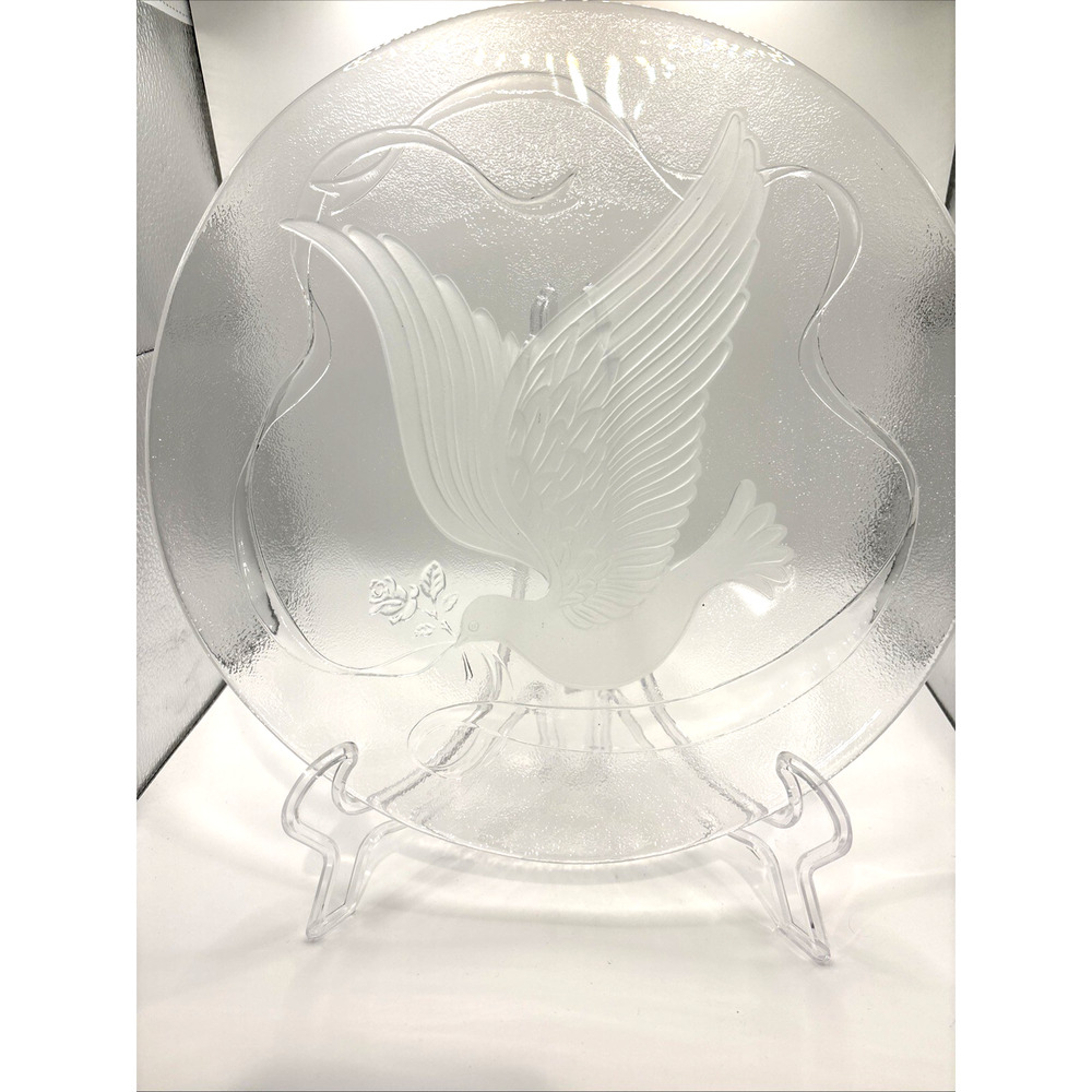 Vintage Smith Glass Co Frosted Glass Dove Platter 13” Ribbon & Flowers
